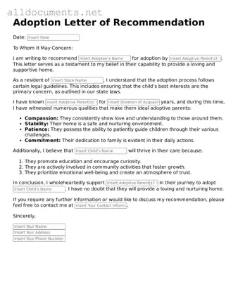 Free Adoption Letter of Recommendation Document