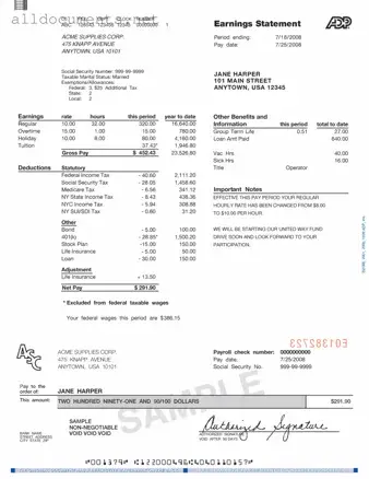 Fillable Adp Pay Stub Template in PDF