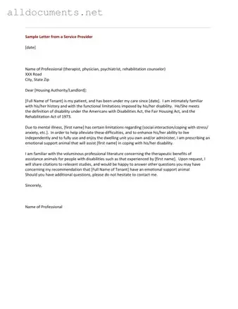 Fillable Emotional Support Animal Letter Template in PDF