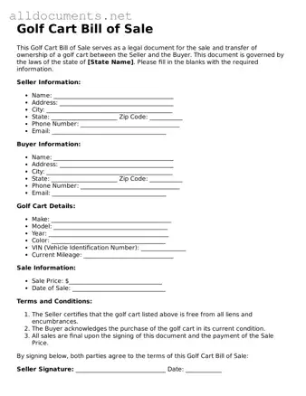 Free Golf Cart Bill of Sale Document