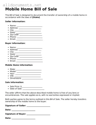 Free Mobile Home Bill of Sale Document