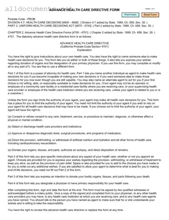 Fillable California Advanced Health Care Directive Template in PDF