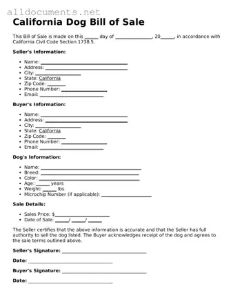 Official  Dog Bill of Sale Template for California
