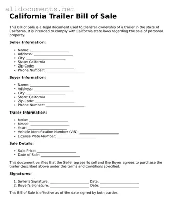 Official  Trailer Bill of Sale Template for California