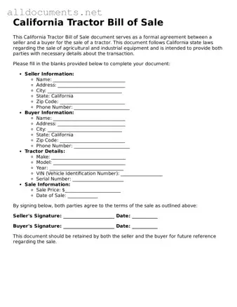 Official  Tractor Bill of Sale Template for California