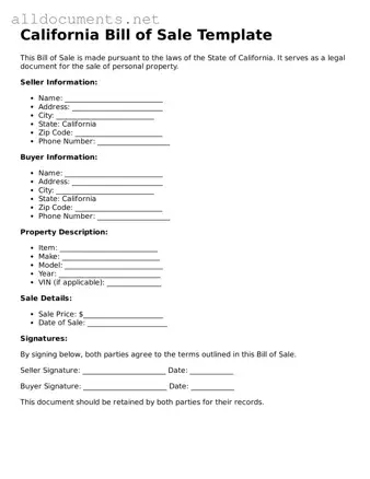 Official  Bill of Sale Template for California