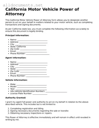 Official  Motor Vehicle Power of Attorney Template for California