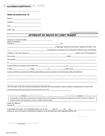 Fillable California Death of a Joint Tenant Affidavit Template in PDF