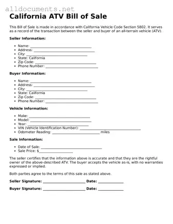 Official  ATV Bill of Sale Template for California