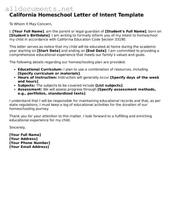 Official  Homeschool Letter of Intent Template for California