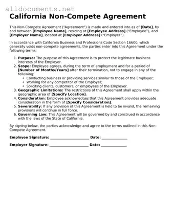 Official  Non-compete Agreement Template for California