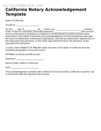 Official  Notary Acknowledgement Template for California