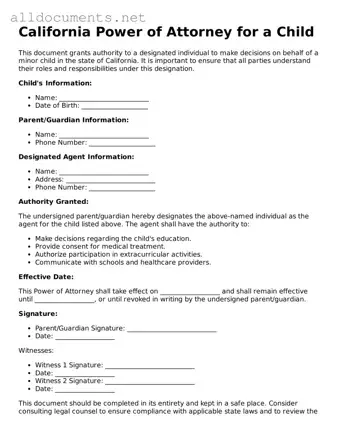 Official  Power of Attorney for a Child Template for California