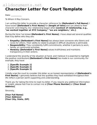 Free Character Letter for Court Document