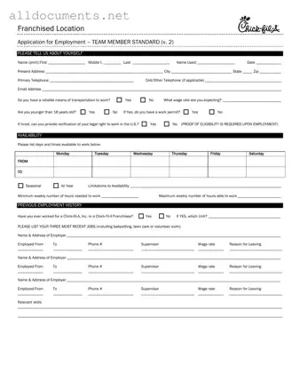 Fillable Chick Fil A Job Application Template in PDF