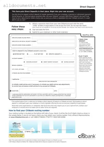 Fillable Citibank Direct Deposit Template in PDF