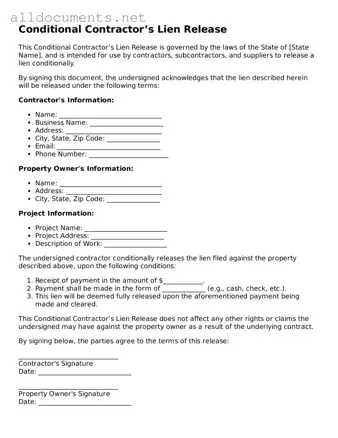 Free Conditional Contractor’s Lien Release Document