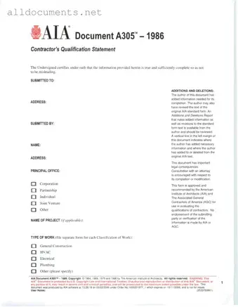 Fillable AIA A305 Template in PDF
