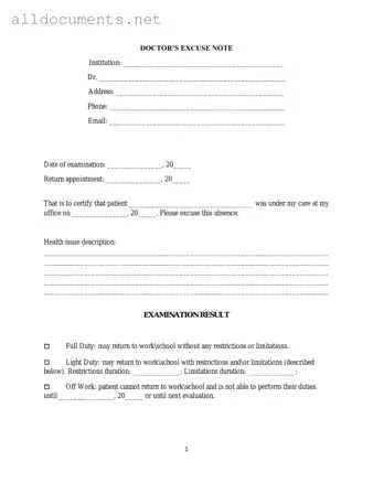 Fillable Doctors Excuse Note Template in PDF