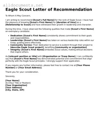 Free Eagle Scout Letter of Recommendation Document