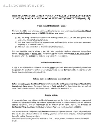 Fillable Florida Financial Affidavit Short 12.902(b) Template in PDF