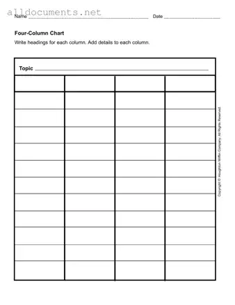 Fillable Four Column Chart Template in PDF