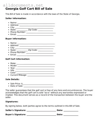 Official  Golf Cart Bill of Sale Template for Georgia