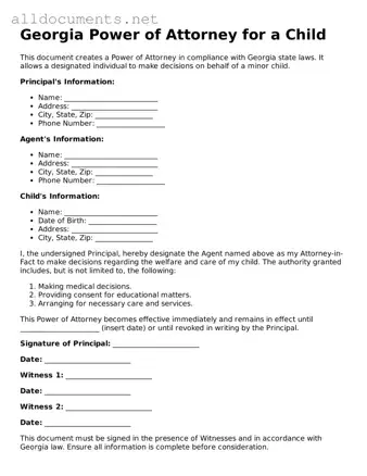 Official  Power of Attorney for a Child Template for Georgia