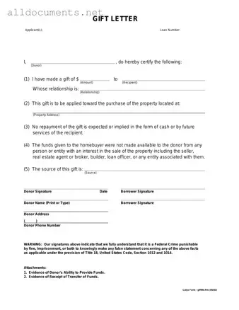 Fillable Gift Letter Template in PDF