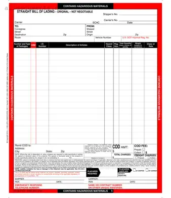 Fillable Hazard Bill Of Ladden Template in PDF