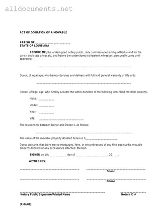Fillable Louisiana act of donation Template in PDF