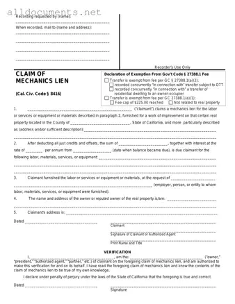 Fillable Mechanics Lien California Template in PDF