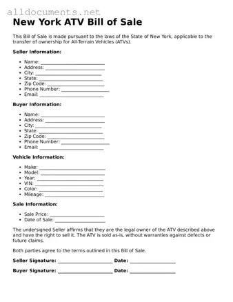 Official  ATV Bill of Sale Template for New York