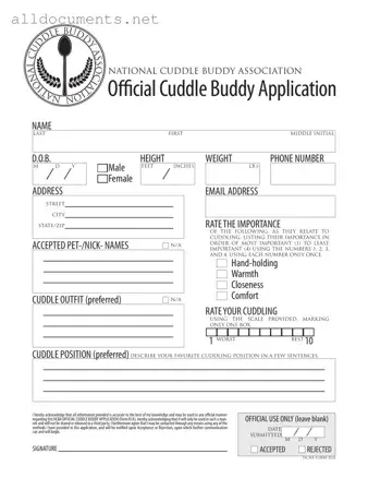 Fillable Cuddle Buddy Application Template in PDF