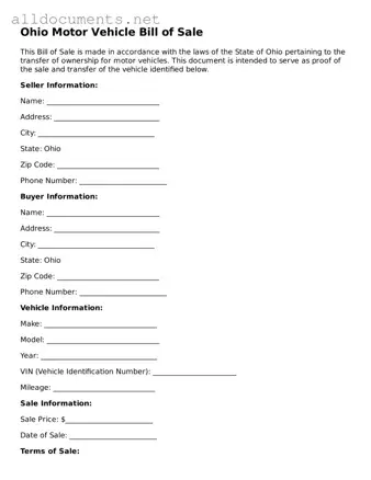 Official  Motor Vehicle Bill of Sale Template for Ohio