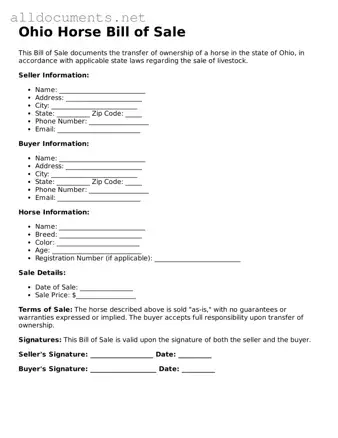 Official  Horse Bill of Sale Template for Ohio