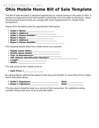 Official  Mobile Home Bill of Sale Template for Ohio