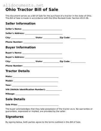 Official  Tractor Bill of Sale Template for Ohio