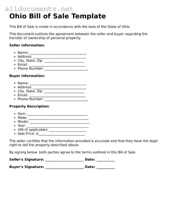 Official  Bill of Sale Template for Ohio