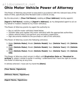 Official  Motor Vehicle Power of Attorney Template for Ohio