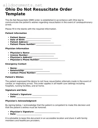Official  Do Not Resuscitate Order Template for Ohio