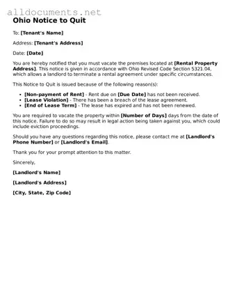 Official  Notice to Quit Template for Ohio