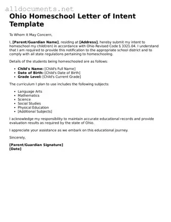 Official  Homeschool Letter of Intent Template for Ohio