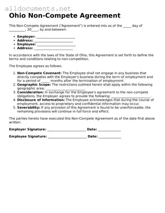 Official  Non-compete Agreement Template for Ohio