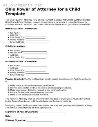 Official  Power of Attorney for a Child Template for Ohio