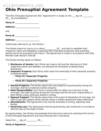 Official  Prenuptial Agreement Template for Ohio