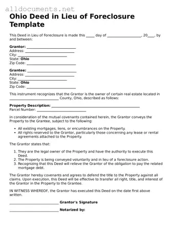 Official  Deed in Lieu of Foreclosure Template for Ohio