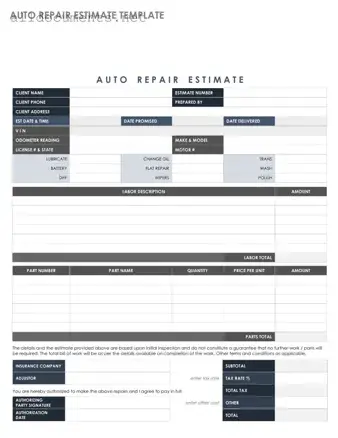 Fillable Auto Repair Estimate Template in PDF