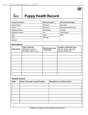 Fillable Puppy Health Record Template in PDF