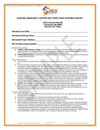 Fillable Roofing Warranty Certificate Template in PDF